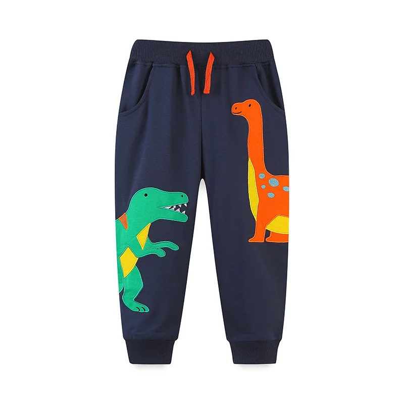 Kid Boy Comfortable Trousers Navy Blue Sweatpants Orange Drawstrings Side Pocket Adorable Cartoon Dinosaur Prints Children Pants