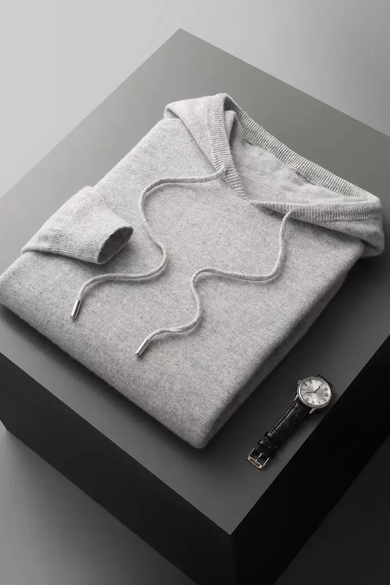 Autumn and winter new men\'s 100% cashmere sweater hooded collar knitted pullover casual long sleeved top