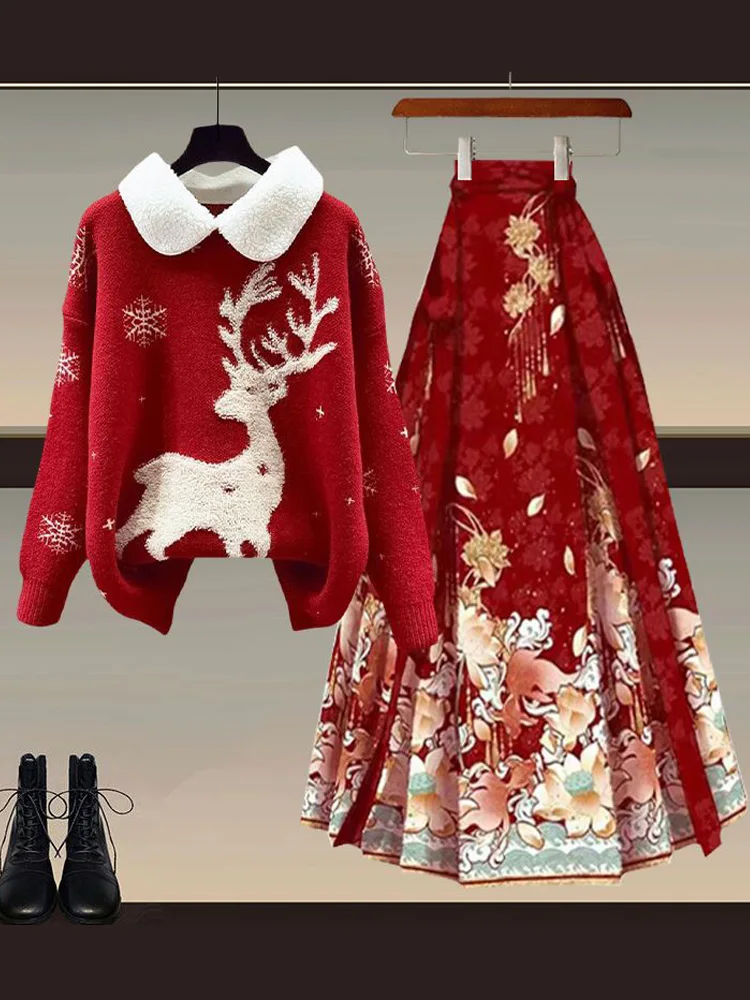 

Cisas Red Sweater Hanfu Skirt Two-Piece Set New Chinese Sle Autumn Winter High Waist A-Line Silhouette Traditional Cult...