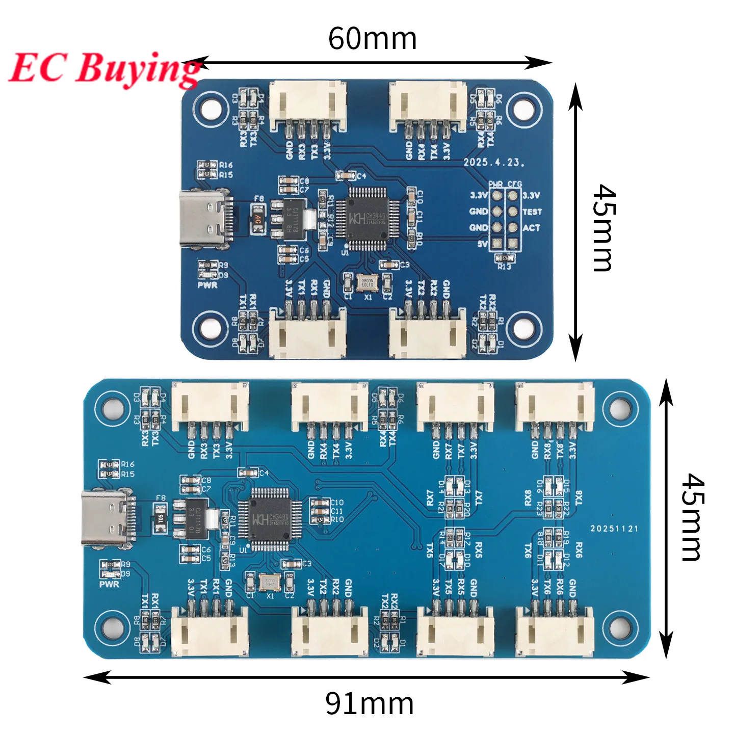 USB to 4 Channel TTL USB to 8 Way TTL UART Serial Port Expansion Module CH344Q CH348Q Chip Conversion Board Type-C Interface 5V