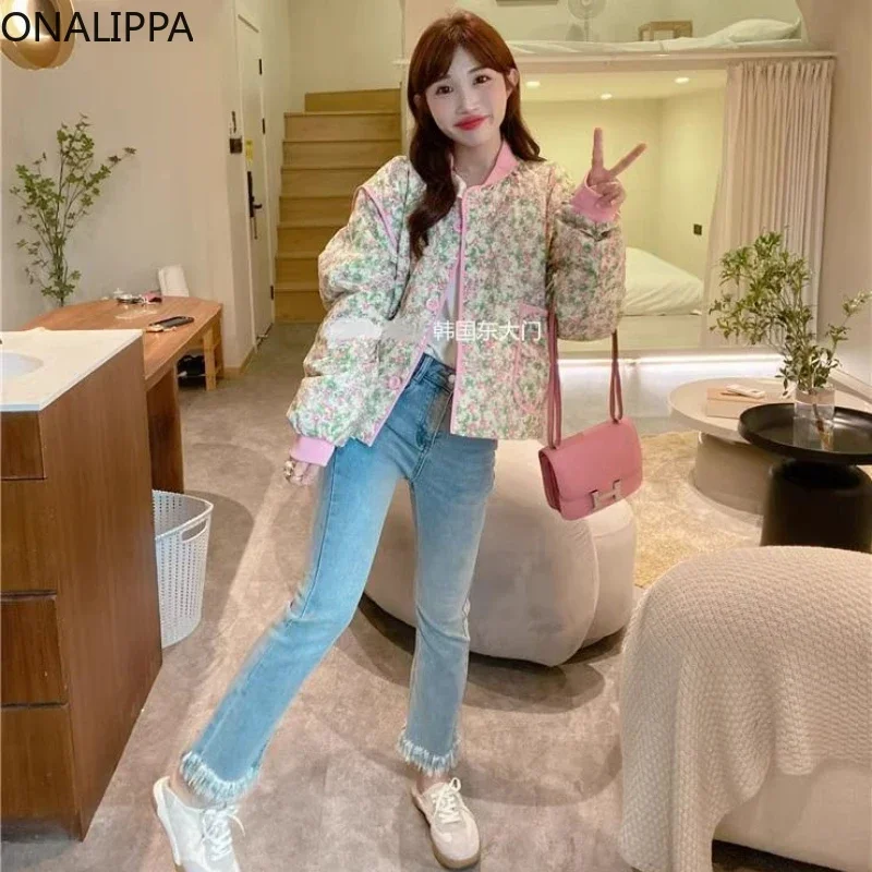 Onalippa Small Fragrance Contrast Floral Quilted Coat Sweet Gentle Wind All Match Jackets for Women Korean Loose Kawaii Jacket