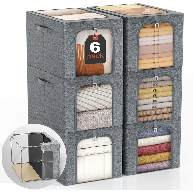

Clothes Storage Bin with Metal Frame: 6-Pack Stackable Clothing Storage Bin with Lid for Closet, Fabric Storage Bag Orga