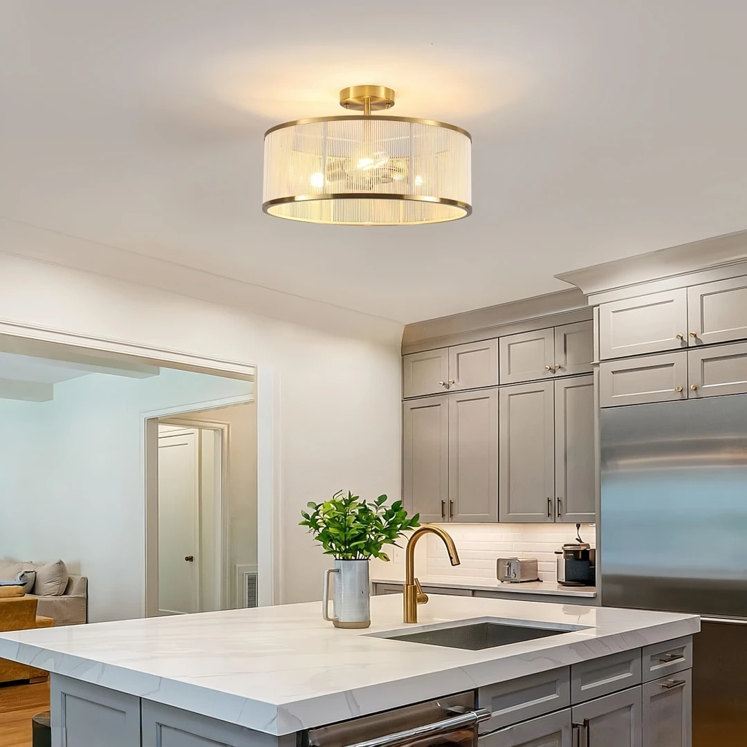 Modern Luxury Round Drum Semi Flush Ceiling Light for Living Room Bedroom Hallway Glam Elegant Warm Neutral Home Interior Decor