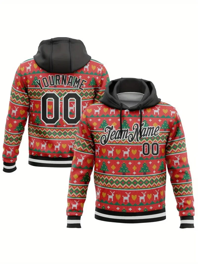 

Number Men'S Christmas Hoodie Full Print Personalized Name & Number Reindeer & Tree Print Pullover Sweatshirts