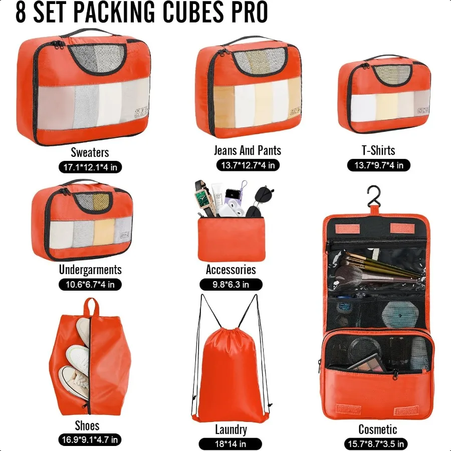 8 Set Packing Cube untuk Perlengkapan Perjalanan, Tas Organizer Koper dalam 4 Ukuran, Aksesoris Kabin Besar dengan Kantong Cuci Besar dan Kantong Perlengkapan Mandi Gantung