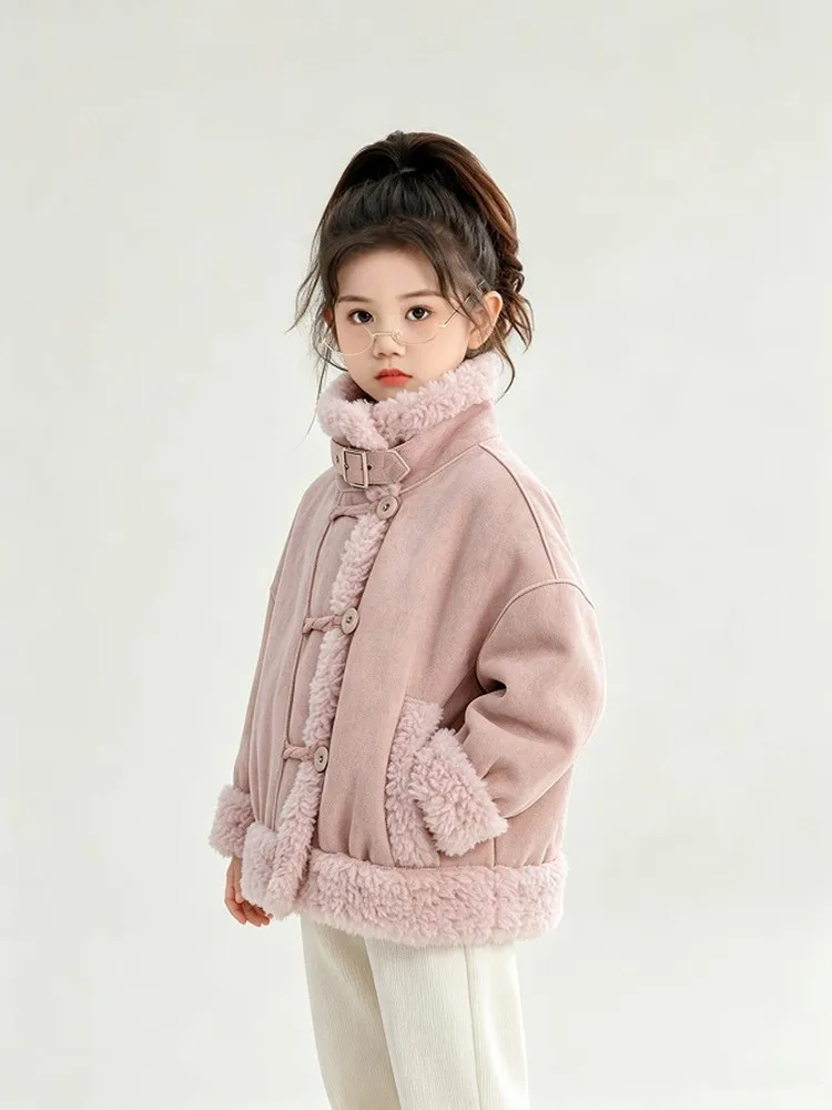 Mädchen Stehkragen Shearling-Mantel 2025 Neue Kinder-Kombinations-Lammwoll-Wildleder-Kurz-Motorradjacke Winter Warme Kinder-Oberbekleidung – Detail 10