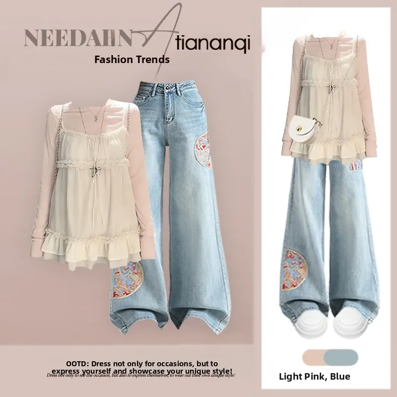 

Spring New Sweet Lace Splicing Wooden Ear Long Sve Versatile T irt High Waist Slimming Jeans Two Piece Set Women's Faion