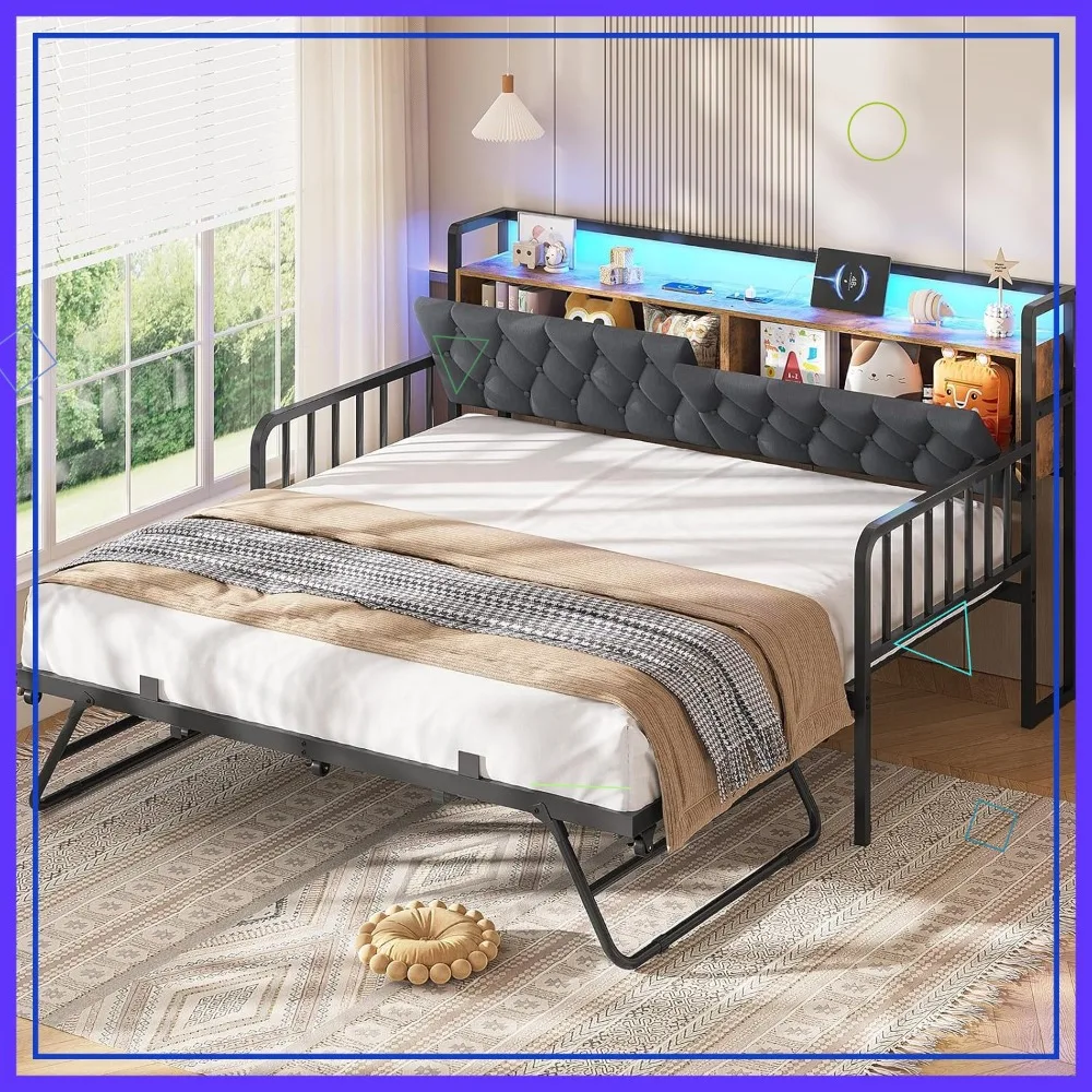 Twin to King Daybed with Trundle, Charging Station, LED Lights & Hidden Storage Headboard - Dark Grey