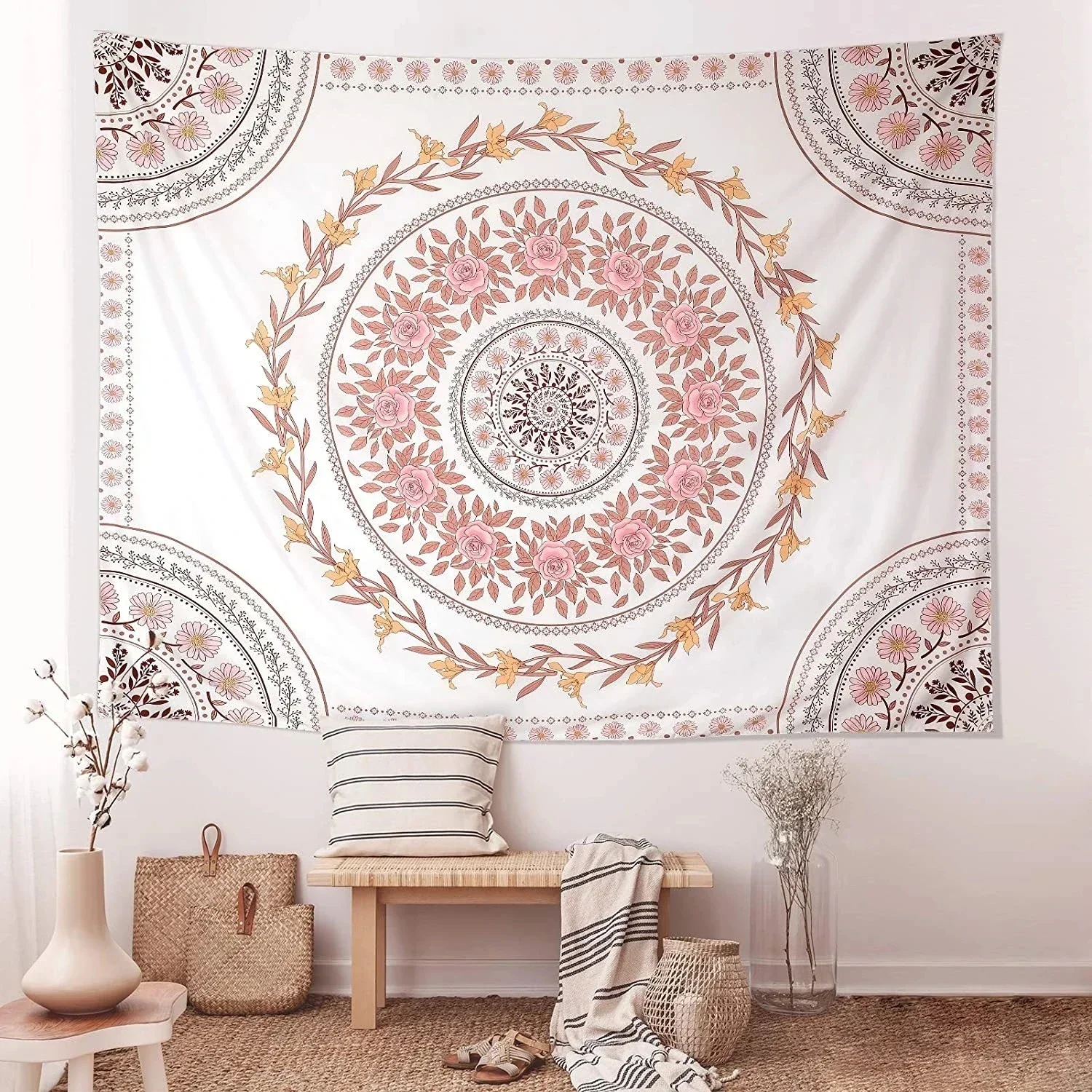 Mandala Tapestry Aesthetics Bohemian Tapestry Wall Hanging Pink Flower Medal Tapestry Bohemian Wall Art Hippie