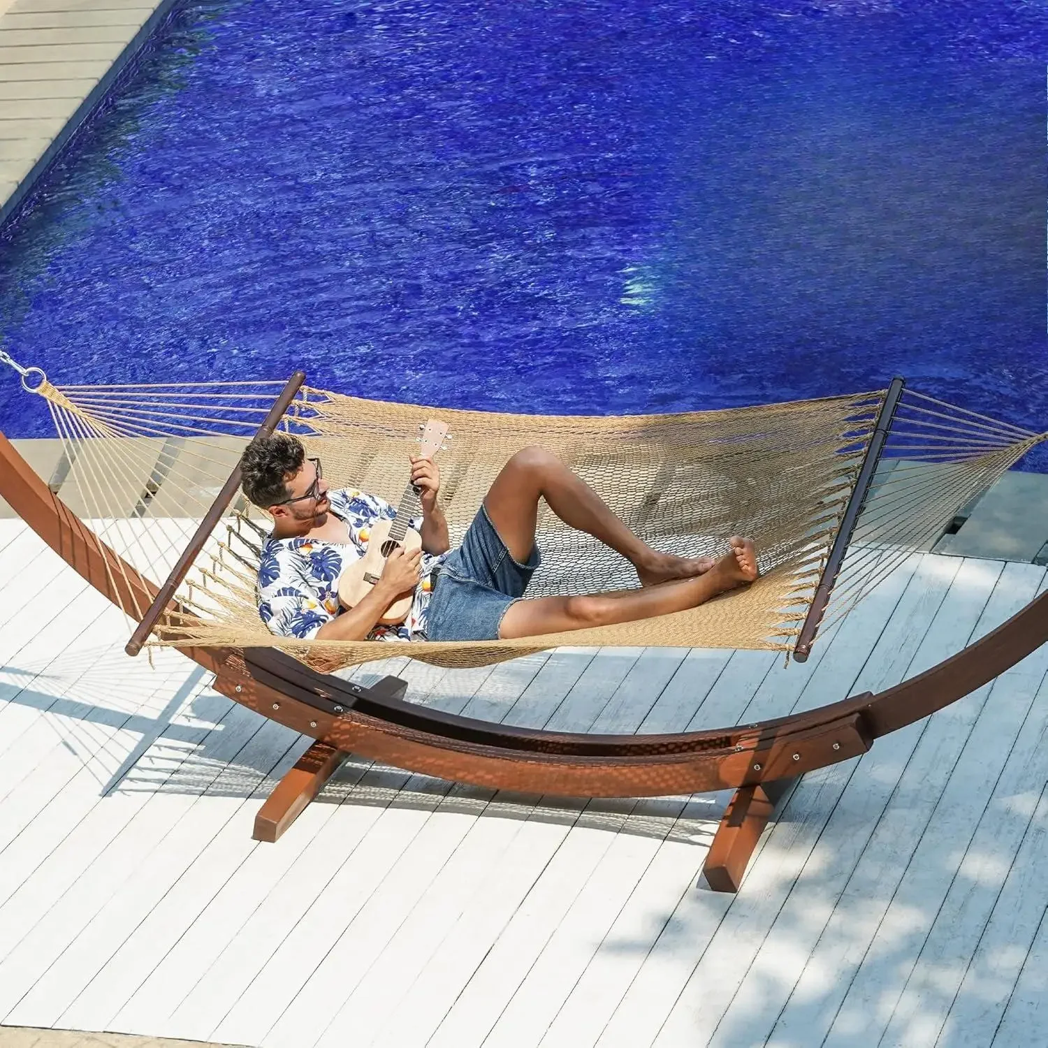 أرجوحة حبل مزدوجة بطول 10.5 أقدام لشخصين، أرجوحة بوليستر منسوجة يدويًا مع قضبان مفرشة، للفناء الخلفي الخارجي بجانب حمام السباحة،