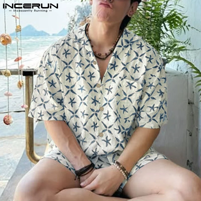 

INCERUN Men Sets Printing Oversize Vacation Short Sleeve Shirt & Shorts Two Pieces Sets 2025 Summer Fashion Men Suits Streetwear