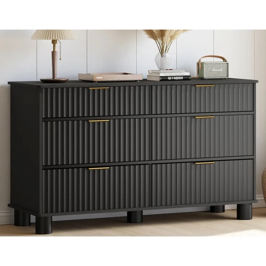 Fluted 6 Drawers Dresser for Bedroom 53 Wide Black Dressers TV Stand Modern Wooden Chest of Drawers Closet Clothes Storage Orga