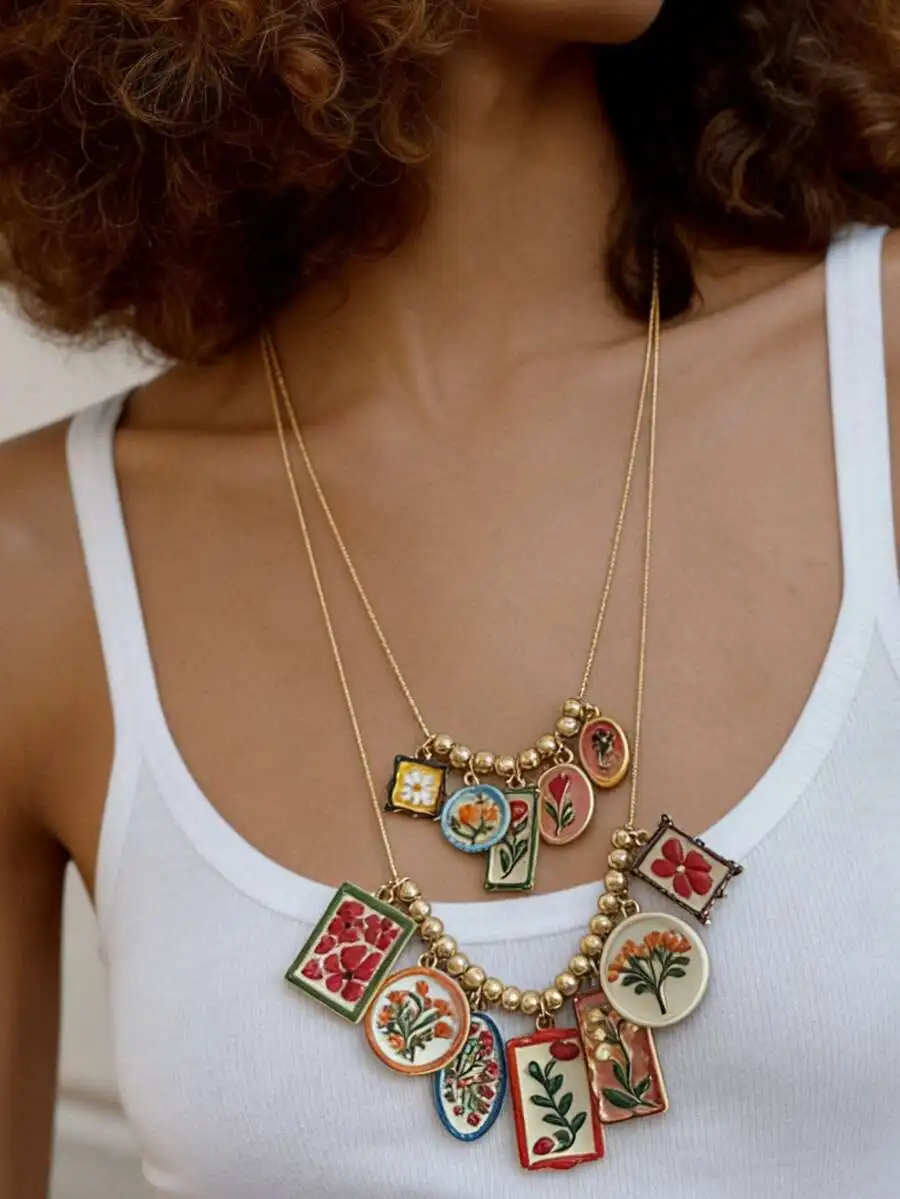 

1 Set Retro Chic Alloy Printed Multi-Pendant Double-Layer Necklace, Casual Vacation Style For Women