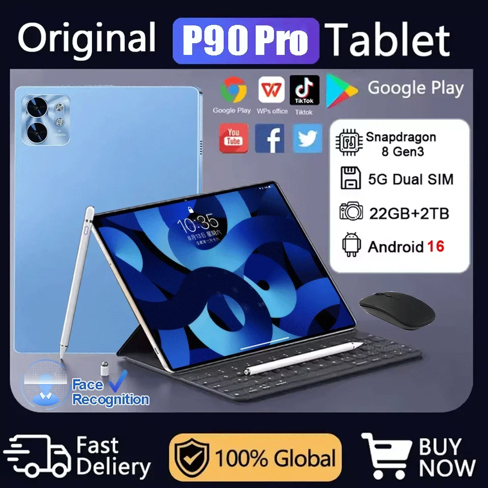 2025 nouveau Pad P90 Pro tablette 11 pouces 22GB + 2TB tablettes Android 16 Snapdragon8gen3 Tablette PC reconnaissance faciale 20000mAh 5G double SIM