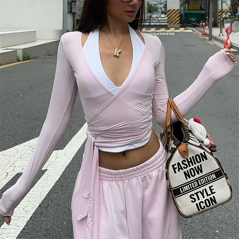 Trendix Sheer Long Sleeve Tops For Women 2026 Summer Bodycon V Neck Solid Cropped Layered Blouse Sprot Party Sexy Slim Yoga Top