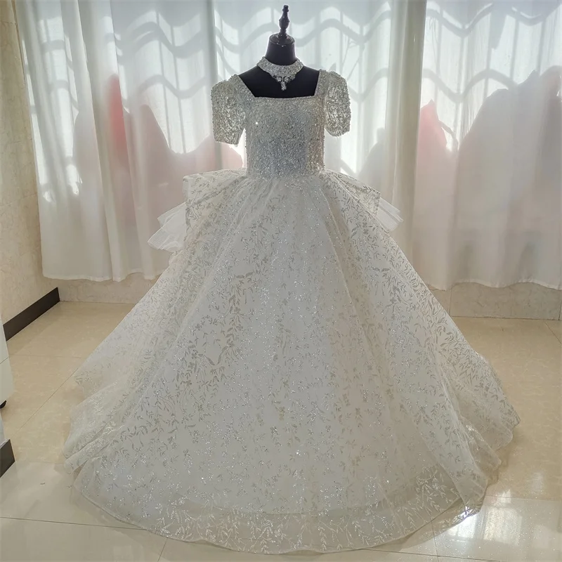 Luxo elegante vestido de baile para noivas, vestido de casamento francês, palácio real clássico, gola quadrada, puff mangas curtas, GB051, 2024