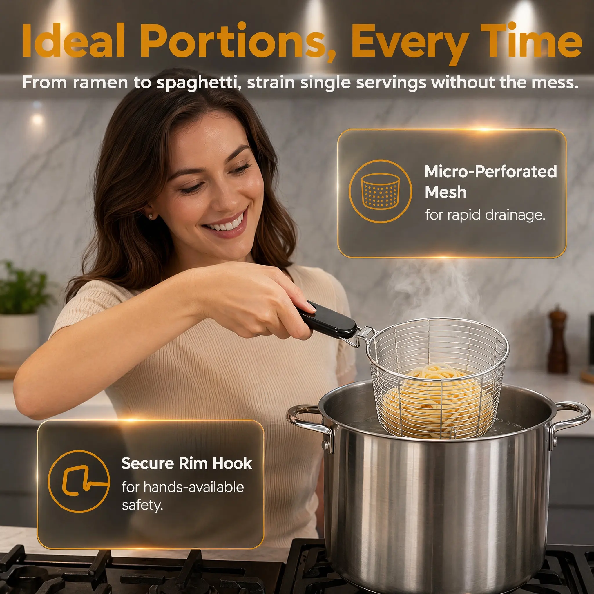 Stainless Steel Pasta Strainer Basket 5.5 Inch Heavy Duty Mesh Noodle Sieve for Cooking Ramen Spaghetti Hot Pot Dishes