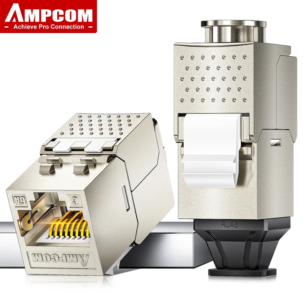 AMPCOM Pro+ Cat7/6A/6 Shielded Keystone Jack Zinc Alloy Toolless RJ45 Connector with 50u Gold Plated Pins for High-Speed Network