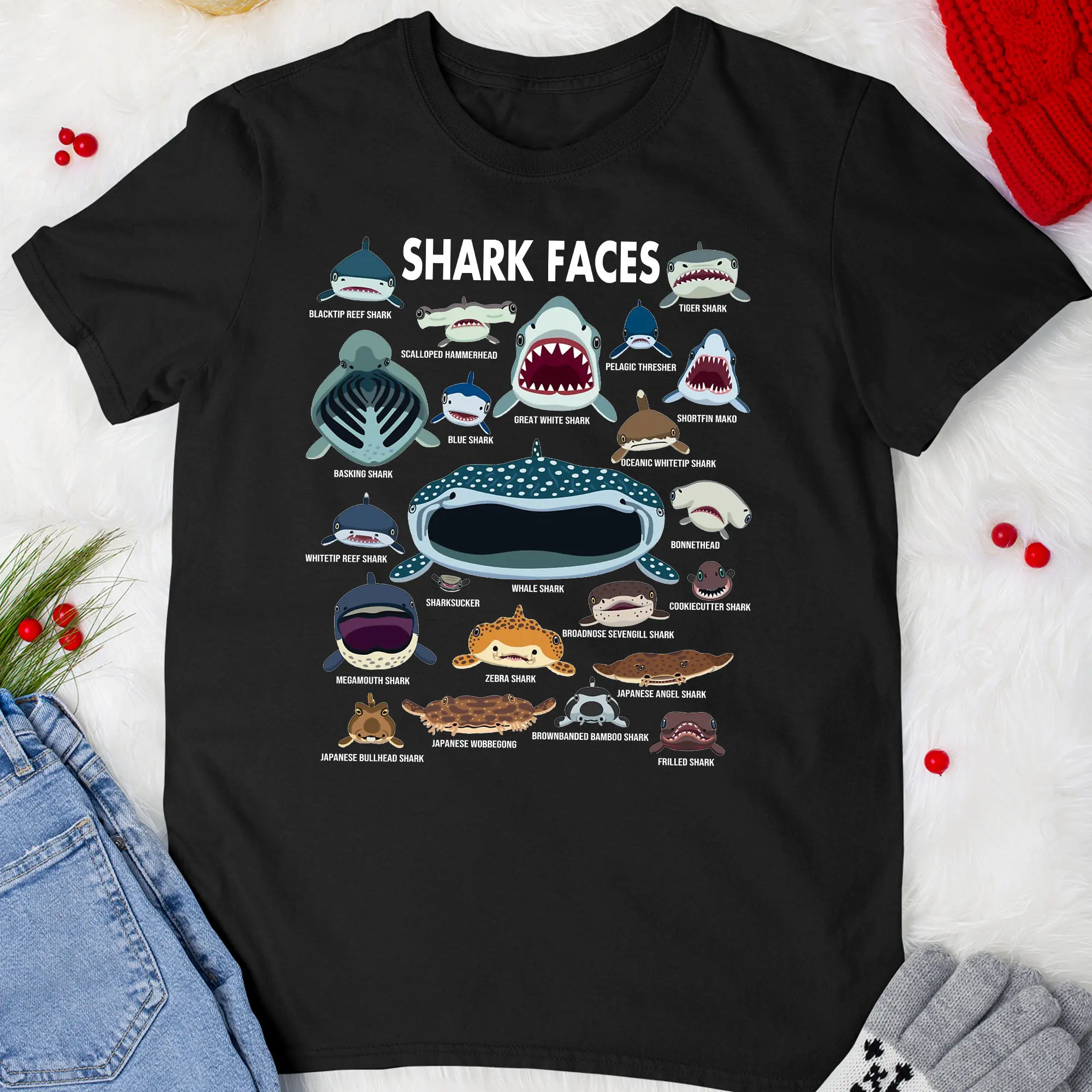 Shark Lovers T Shirt Funny Faces Types of Sharks Awareness For Boys Girls