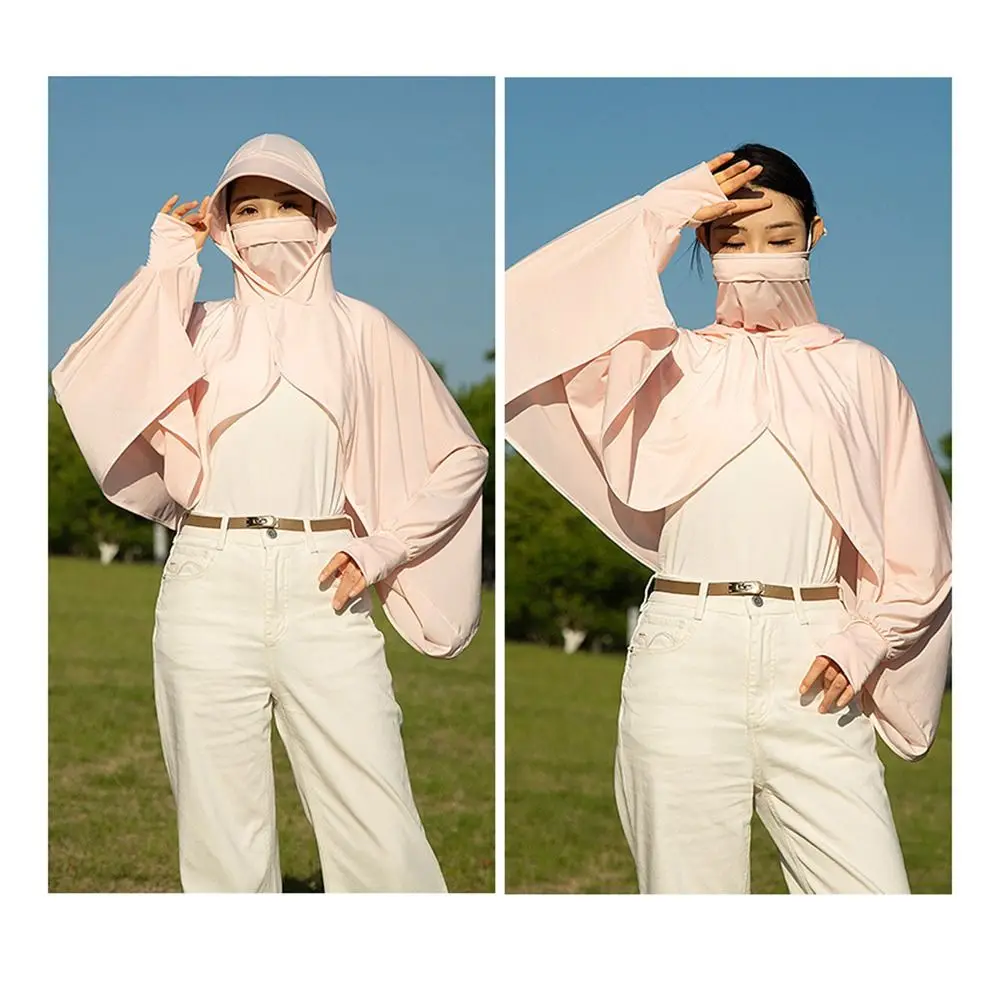 Fashion Ice Silk Sunscreen Shawl Long Sleeve Anti-UV Sunscreen Hoodie Breathable Quick Drying Cycling Sunshade Clothing Summer