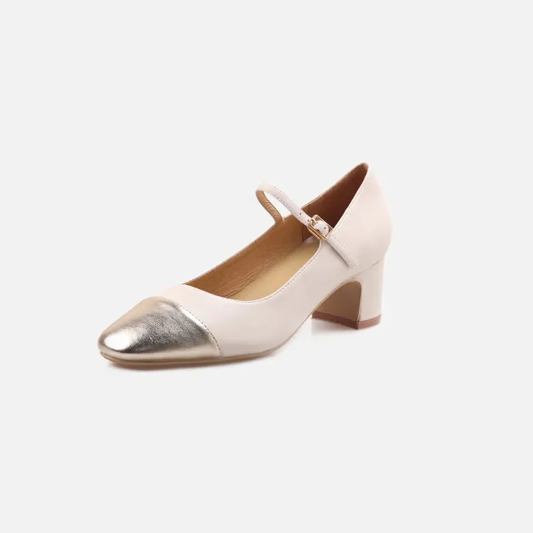 Round toe color block thick heel shoes with fashionable and personalized style for banquets and commuting