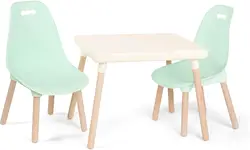 Spaces stühle kidmöbel set-1 kinder tisch & 2 kinder mühle mit natürlichen holz beinen (creme und mintgrün), kunststoff