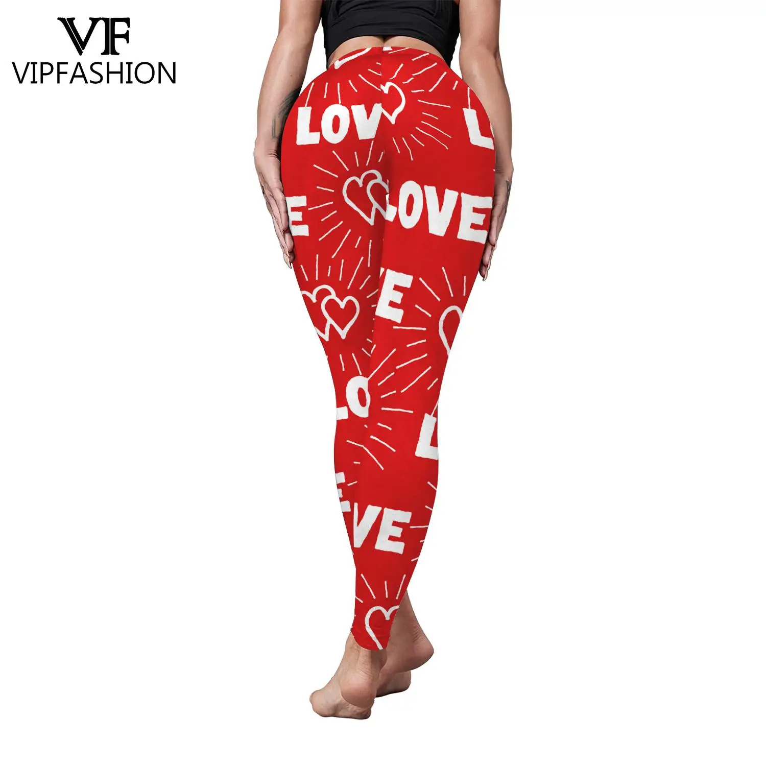 VIP FASHION Women Elasticity Leggings Valentines Day Love Heart Stripe Print Ladies Sport High Waist Workout Pant Female Leggins