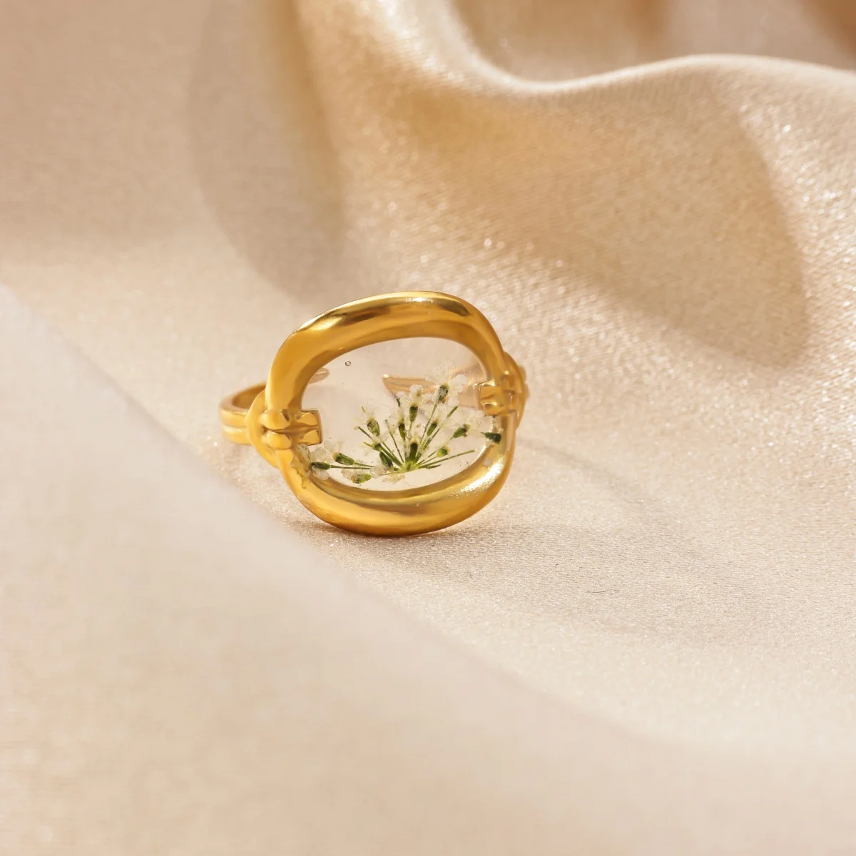 Elegante geometrische ovale Blumenringe für Frauen, goldfarben, Edelstahl, Öltropfen-Ring, Party, Hochzeit, Schmuck, Geschenk – Detail 4