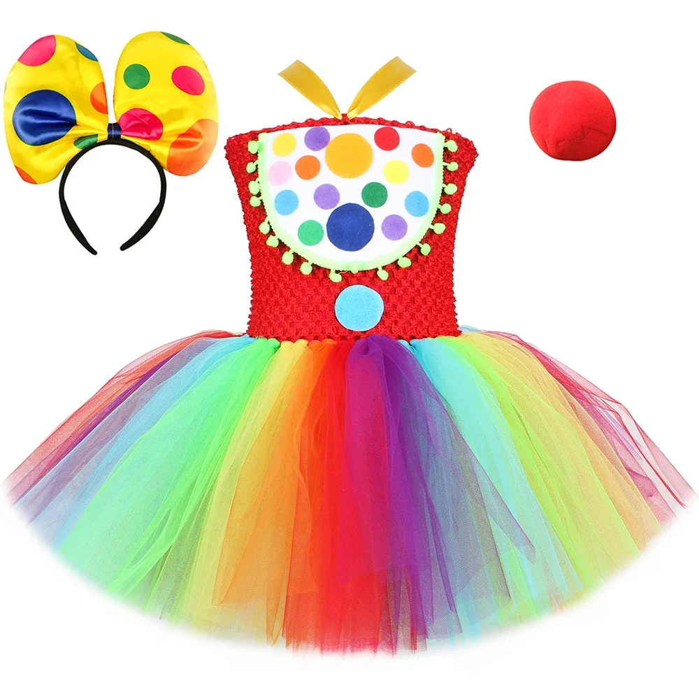 

Circus Clown Costume for Girls Carnival Party Dresses Rainbow Funny Joker Tutu Dress Halloween Costume for Kids Fancy Clothes