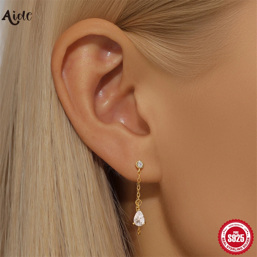 Aide 925 Sterling Silver Chain Stud Earring for Women Water-drop Zirconia Stud Dangle Earring Women Vacation Jewelry Accessories