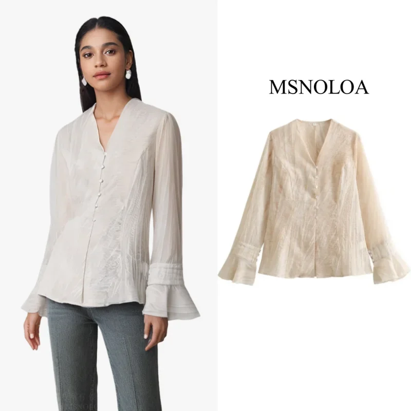

2025 Women Summer Fashion Textured Smudged Fabric Bell-Sleeved V-Neck Shirt Female Elegant Thin Office Lady Long Sleeve Blouse