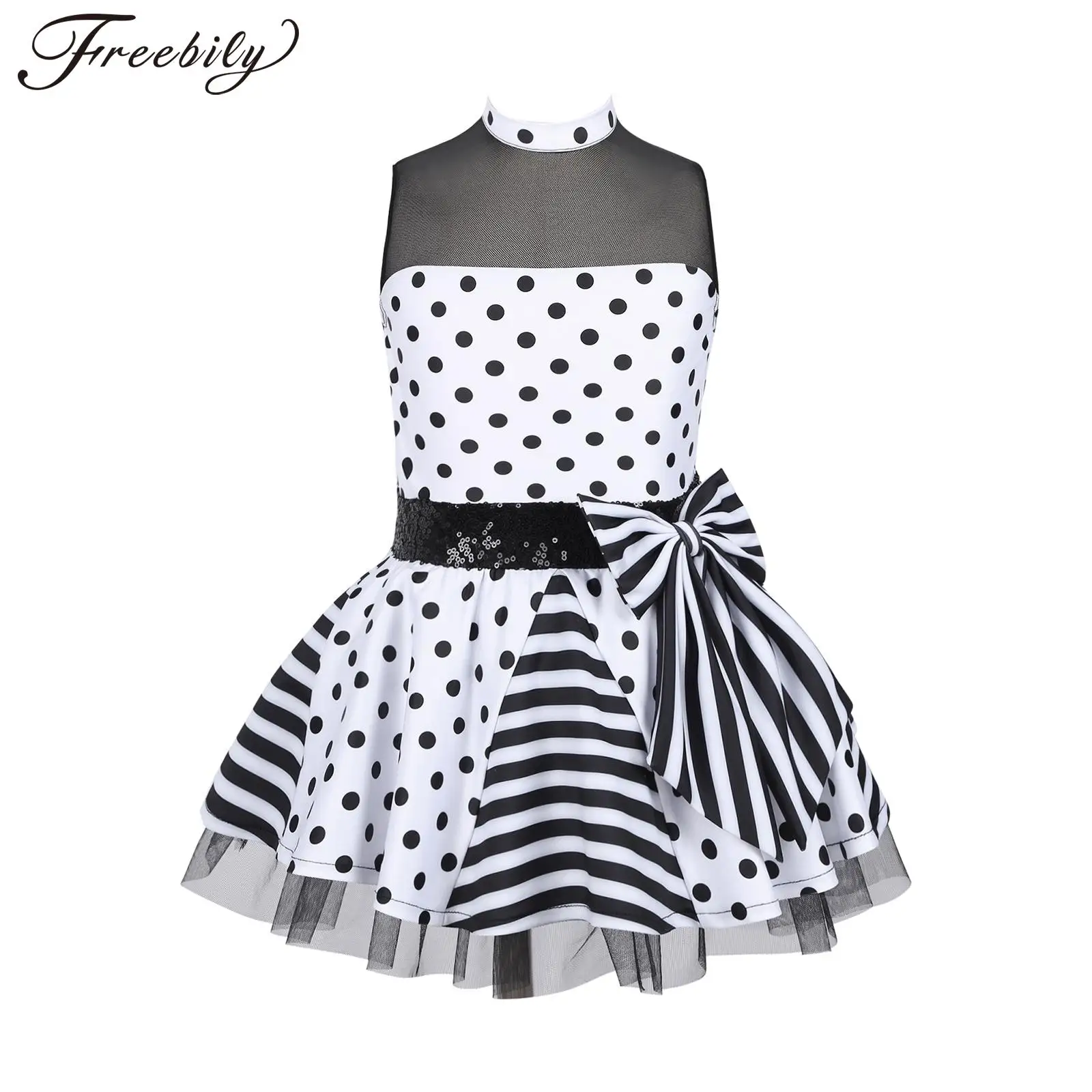 Vestido de balé tutu com bowknot para meninas, dancewear sem mangas, bolinhas, vestido de dança moderna para performance de jazz, trajes de dança infantis