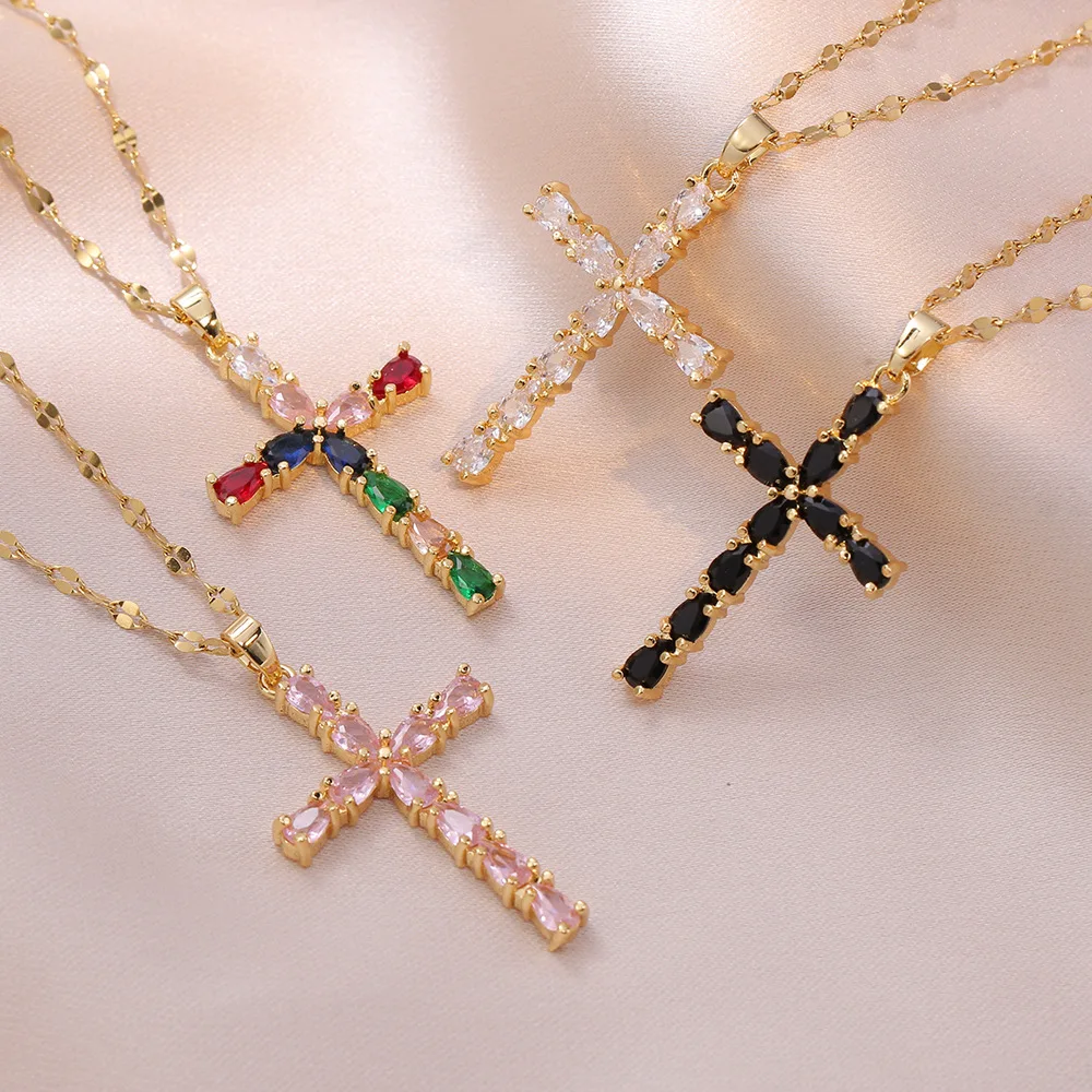 Colorful Zircon Cross Pendant Necklaces for Women Girls Stainless Steel Trendy Romantic Jewelry Accessories Gifts