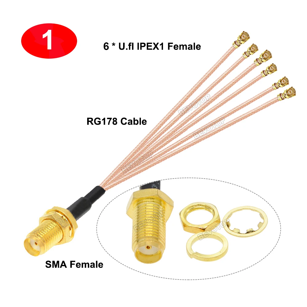 1PCS SMA to 6  Splitter RP-SMA / SMA Female to 6 x 1 Female1 RG178/ RF1.13 Cable WIFI Antenna Extension Jumper Pigtail