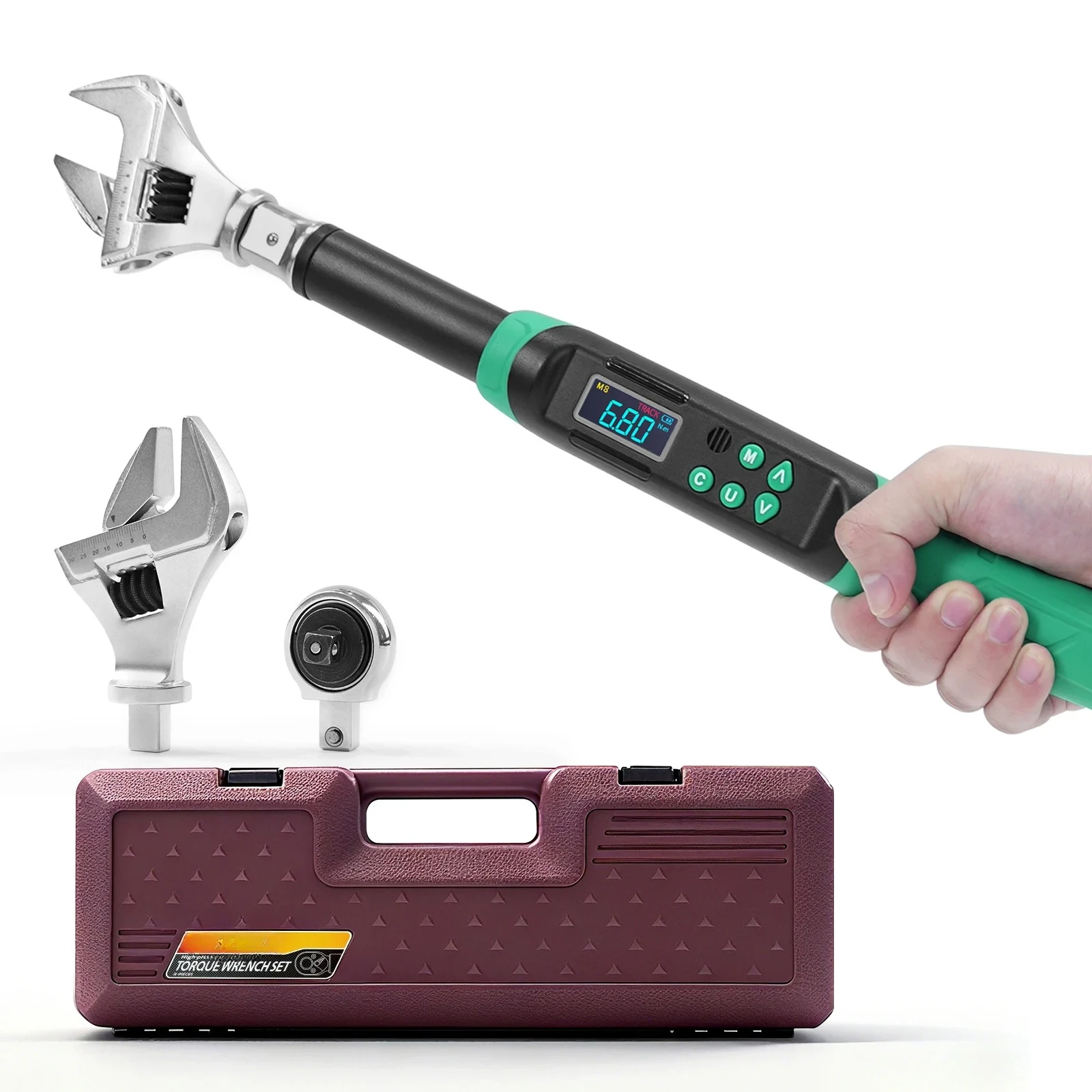 Digital Torque Wrench with Interchangeable Heads-Precision Adjustable Torque Wrench with Ratchet  Adjustable Open-End