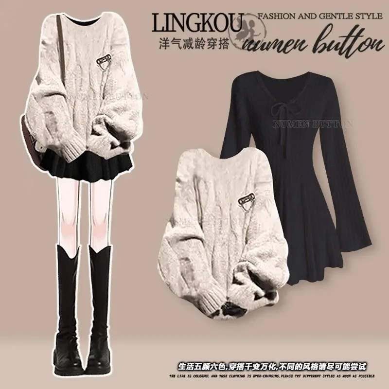 

Модные весенне-осенне-зимние вязаные комплекты из двух предметов, женские свободные пуловеры + мини-платье трапециевидной формы, уличные повседневные костюмы