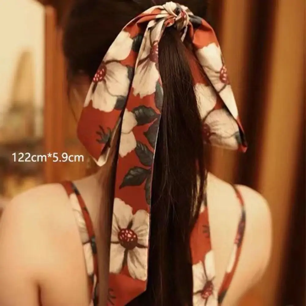 2024 gaya Cina syal sutra panjang ikat kepala pita cetak Retro ikat rambut ikat kepala tali rambut Turban wanita hiasan kepala