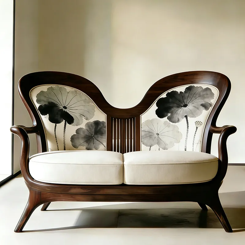 New Chinese-style North American black walnut sofa Song-style aesthetics butterfly-shaped fabric printing pattern living room