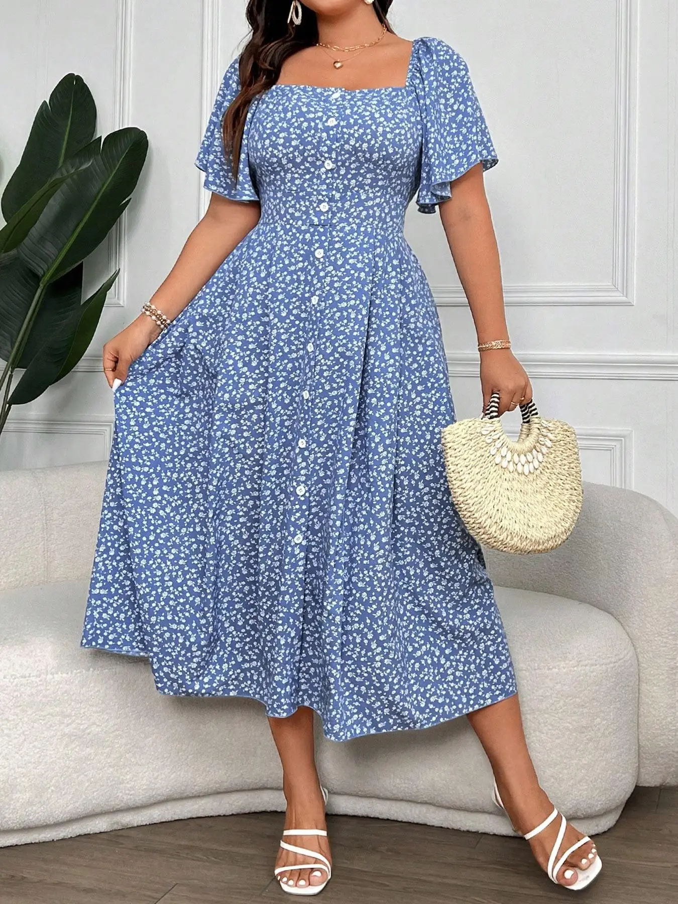 

【Plus Size】 Floral Print Square Neck Dress, Casual Short Sleeve Dress for Daily Wear, Women's Plus Clothing for Summer