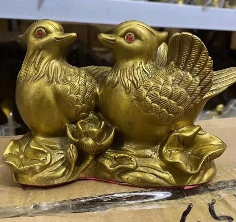 

China Folk Brass 2 aix galericulata Bird Mandarin Duck Lovers Statue Sculpture