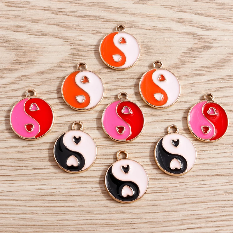 Tusember 10pcs 15*18mm 3 colors Enamel Heart Tai Chi Yin Yang Charms for Necklaces Earrings DIY Pendants Keychain Crafts