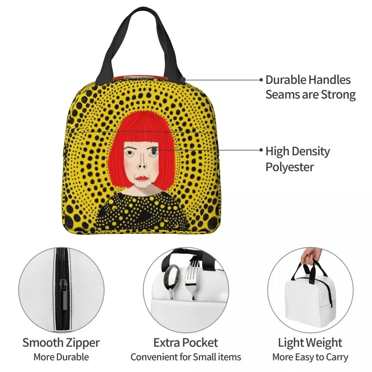 Yayoi Kusama Mystery Insulated Lunch Bag Cooler Bag Meal Container Japanese Artist Large Lunch Box Tote Food Storage Bags School