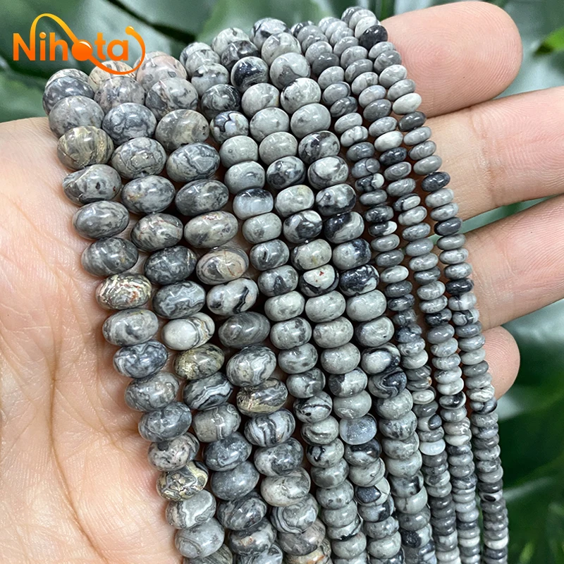 Smooth Natural Gray Map Jaspers Rondelle Loose Round Spacer Beads 15'' 6/8/10mm DIY Women's Bracelet for Jewelry Making Necklace