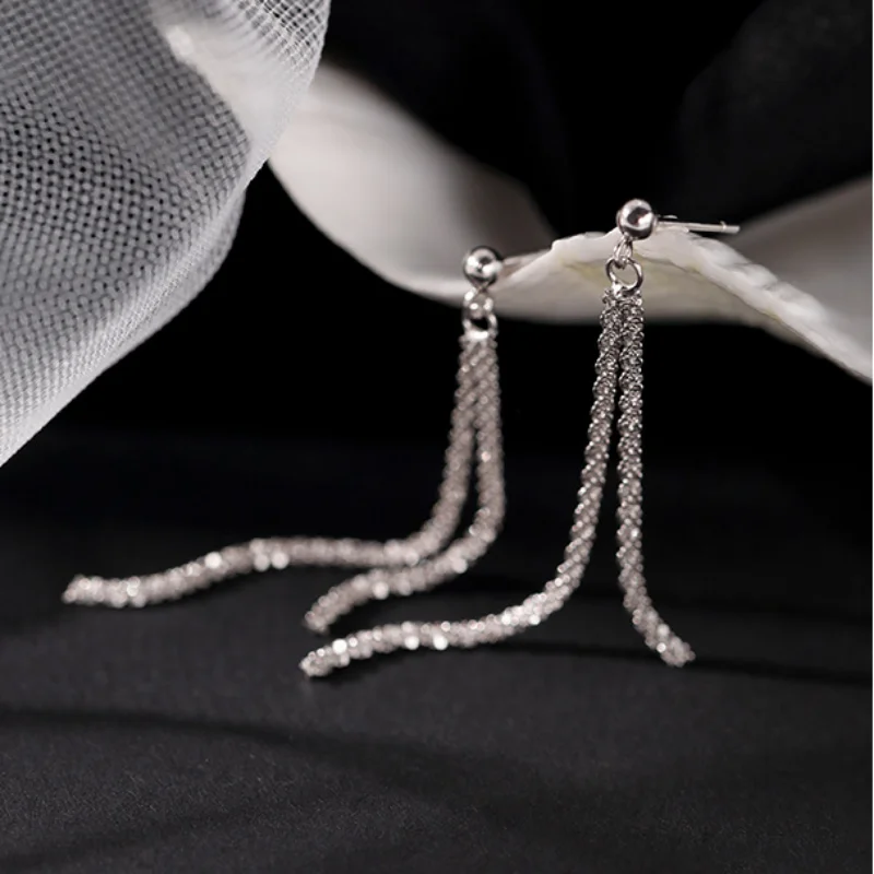 Korean Silver Color Shiny Long Chain Earrings for Women Trendy Tassels Dangle Earrings Simple Female Personality Jewelry Gifts