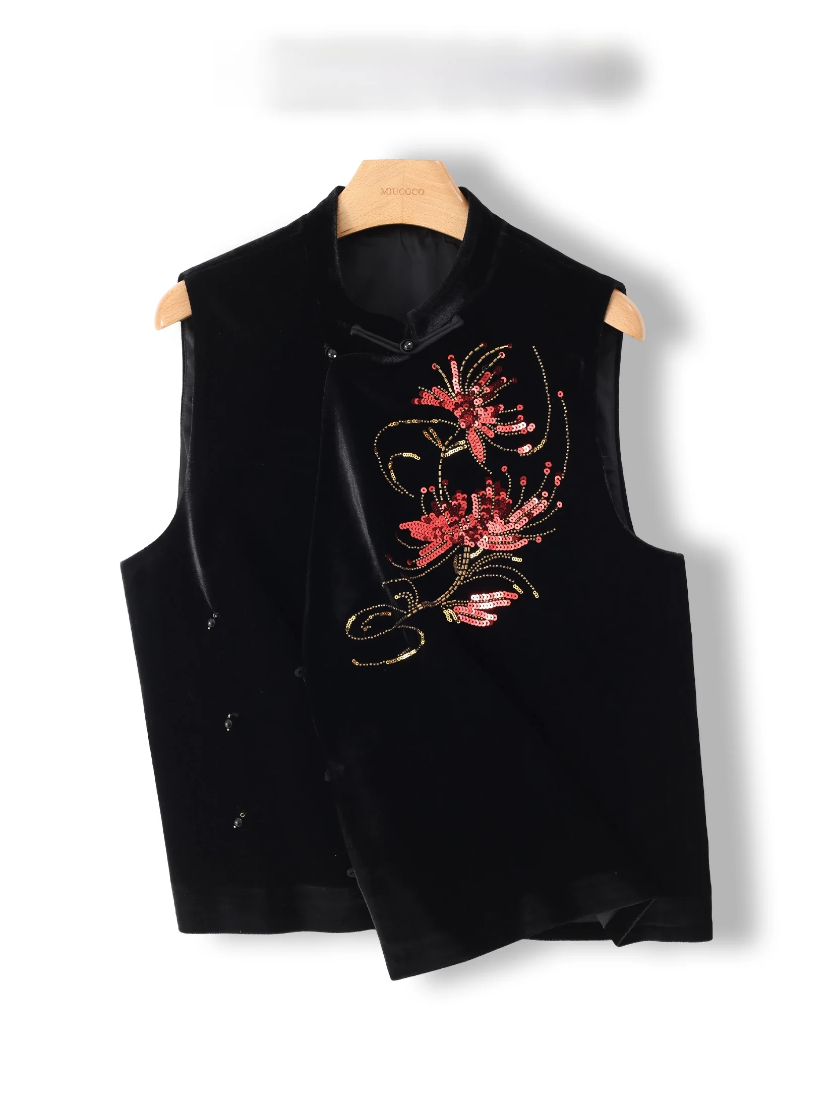 

P Brand New Chinese Style Velvet Jacket Embroidered Fireworks Chrysanthemum Sequin Stand Collar Top Trendy Women's Vest