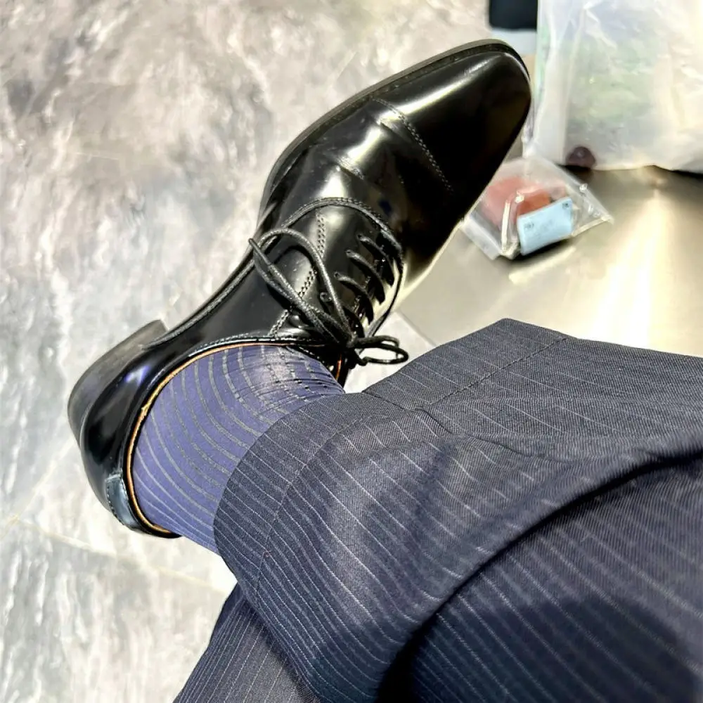 Formal Business Socks Mens Mid Calf Thin Nylon Breathable Striped Texture Smooth Comfortable Office Style For Muben Gentleman