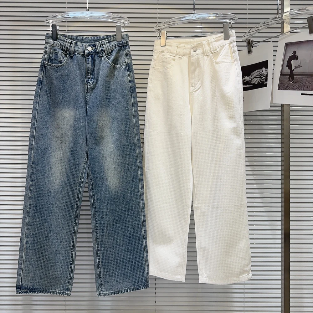 

Spring 2024 Women's Loose Fit Straight Leg Denim Jeans Dark Pattern Pure Color Versatile Casual High Waist Zipper Long Pants