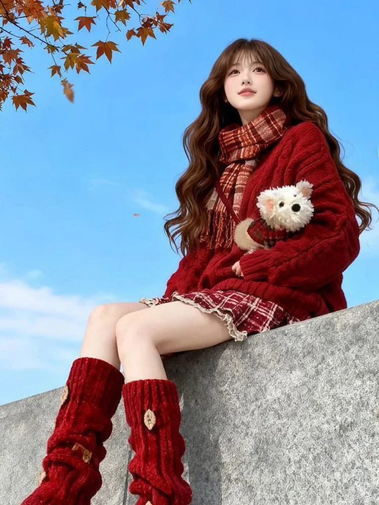 

Красный вязаный свитер в клетку и юбка-пирожное, комплект из двух предметов, милый и нежный, в японском стиле, высококачественный, новогодний, модный женский костюм