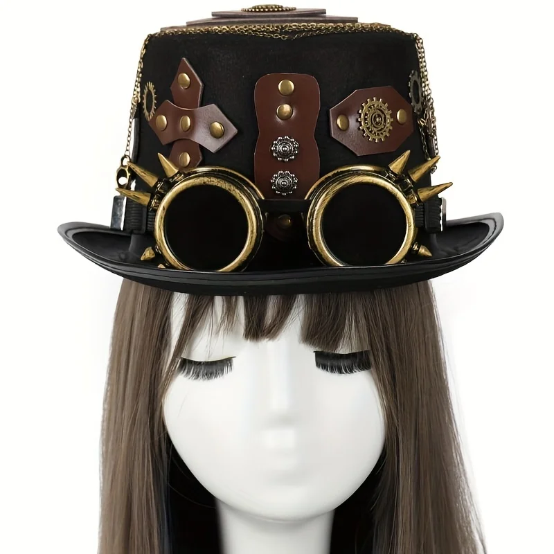 Victorian Steampunk Top Hat with Classic Goggles Vintage Accessories Set Gothic Headwear for Adult Halloween Dress Up Party