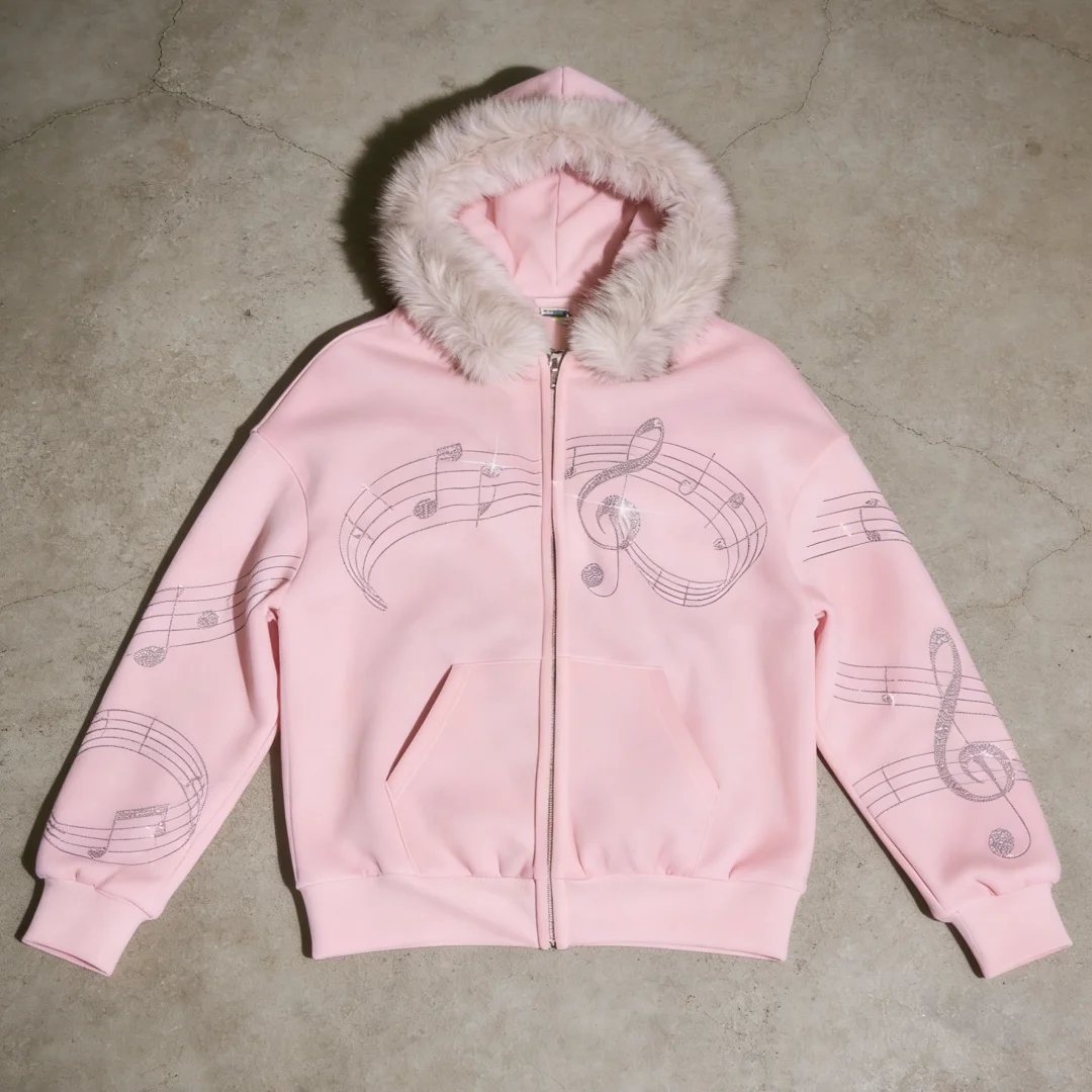 Women's Casual Daily Outerwear Pink Embellished Music Score Print Faux Fur Trim Hooded Full Zip Sweatshirt 2026 - view 5